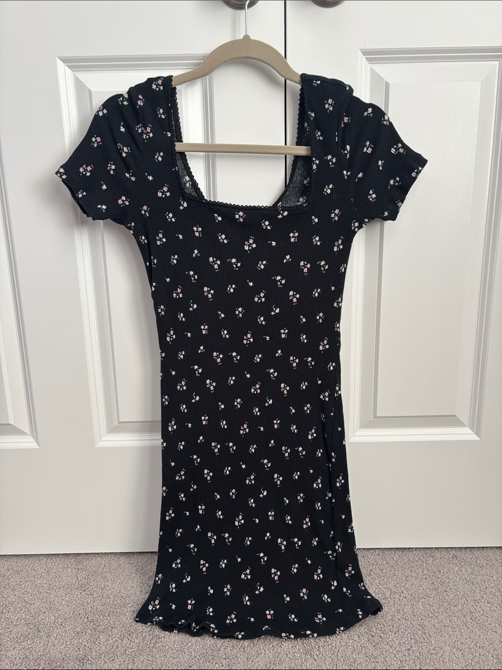 Divided Black Midi Dress with Pink Floral Print
